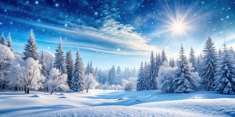 Fototapeta premium A picturesque winter wonderland scene with snow-covered trees, a brilliant sun shining through a cloud-streaked sky, and a tranquil snow-covered forest floor.