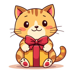 Obraz premium Gift-holding cat, holiday vector illustration of orange kitten