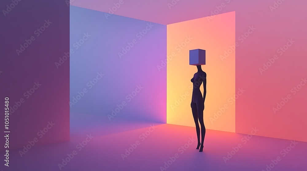Poster abstract figure with floating cube as head
