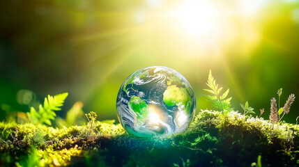 Sphere of planet Earth, on grass surrounded by nature and illuminated by sunlight. Concept of environmental care