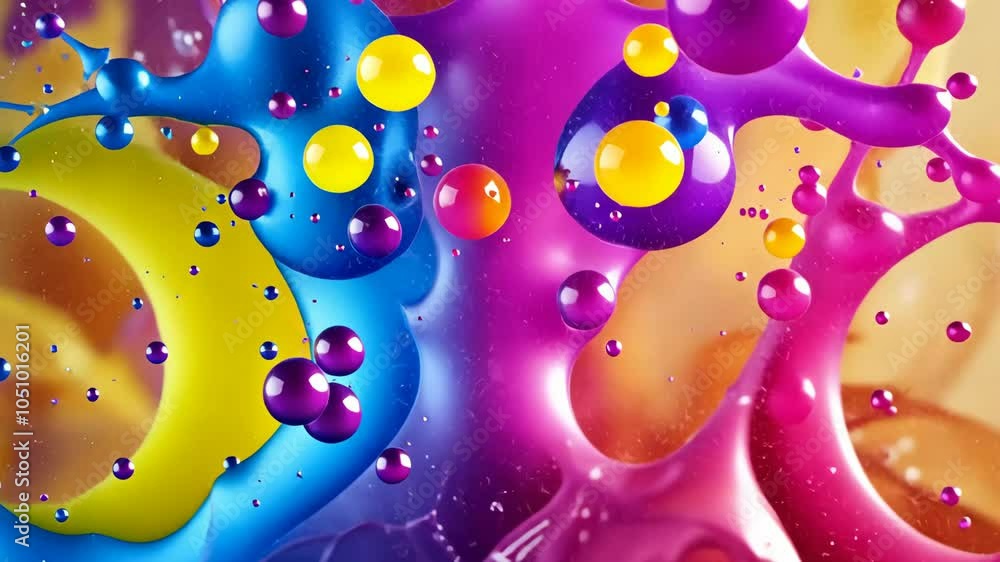 Poster colorful paint splashes and bubbles create an abstract pattern