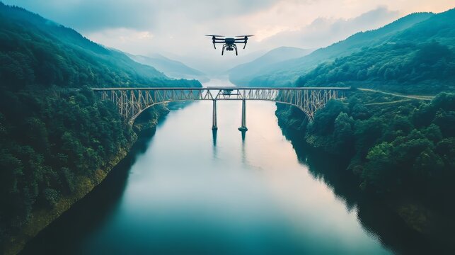 Drone hovering near bridges stretching over wide rivers hypermaximalist advertising photography hyper realistic fine detail