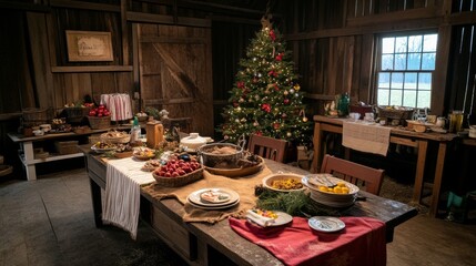Christmas party in a rustic barn tree decorated with burlap and wooden ornaments