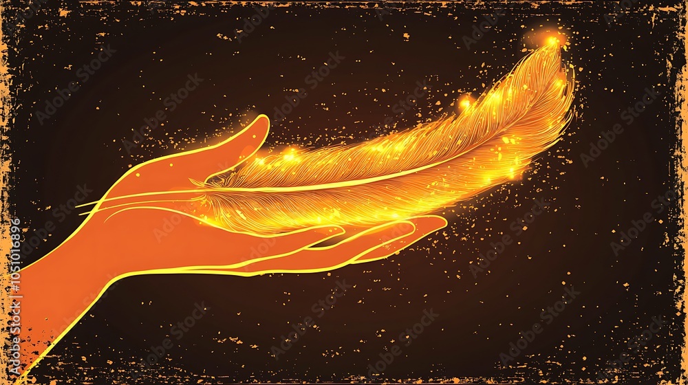 Poster illuminated feather in a hand with sparkling effect