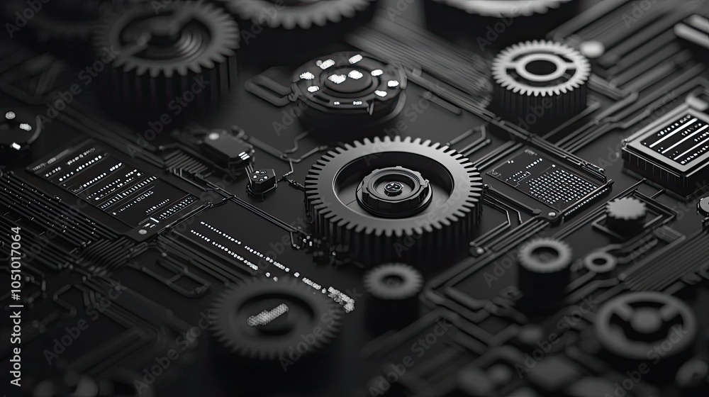 Poster close-up of black gears and circuit board patterns, abstract design.