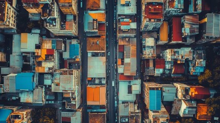 Fototapeta premium Drone observing dense city blocks with narrow streets hypermaximalist advertising photography hyper realistic fine detail