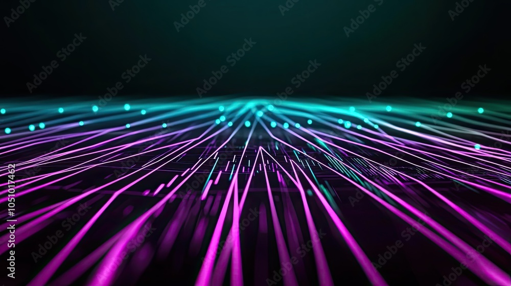 Poster colorful light trails on a dark background creating a digital abstract pattern.