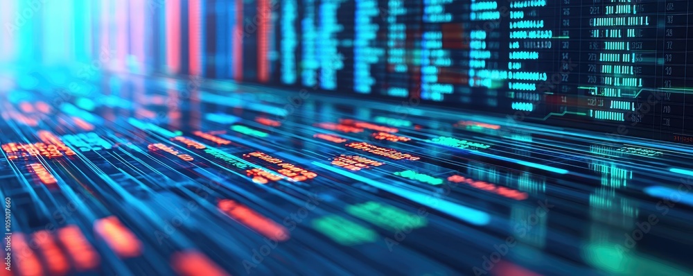 Poster abstract digital data stream with vibrant colors and light effects.