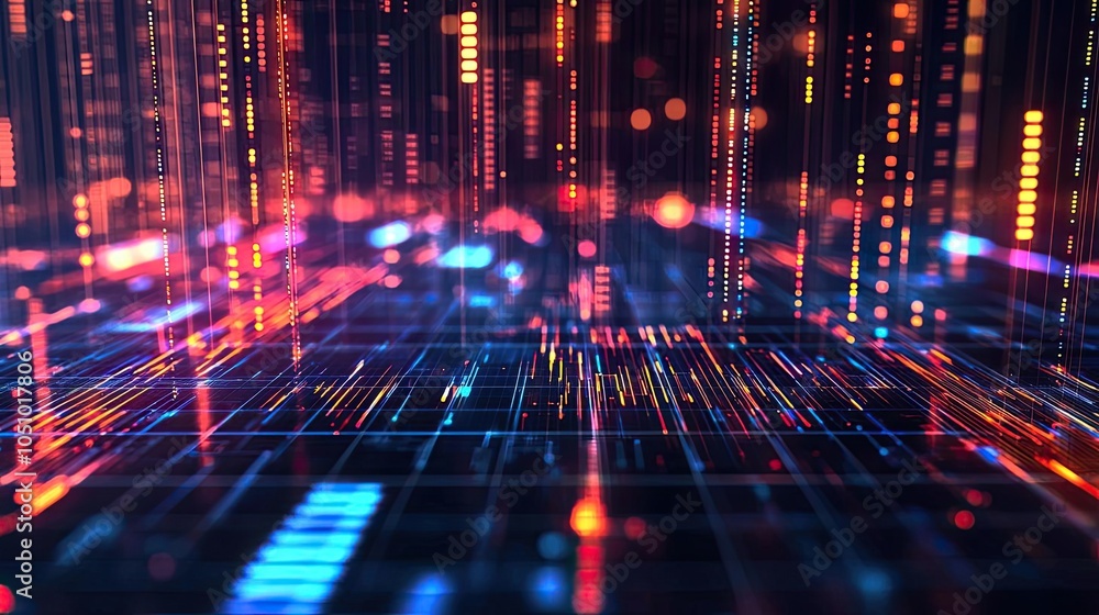 Poster vibrant digital matrix with glowing lines and data streams, futuristic concept.