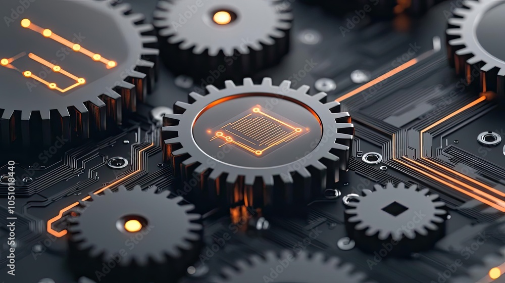 Aufkleber close-up view of black gears with glowing circuitry on a tech background.