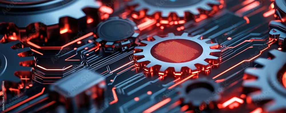 Aufkleber close-up of metallic gears on a circuit board with red illumination.