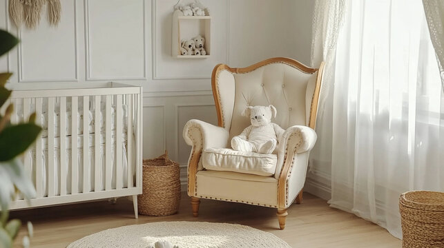 arm chair with teddy bear standing in empty baby room. ai generative