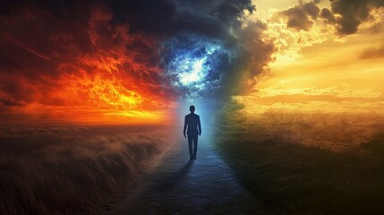 A businessman at a crossroads, choosing between a path of chaos and one of success. generative ai