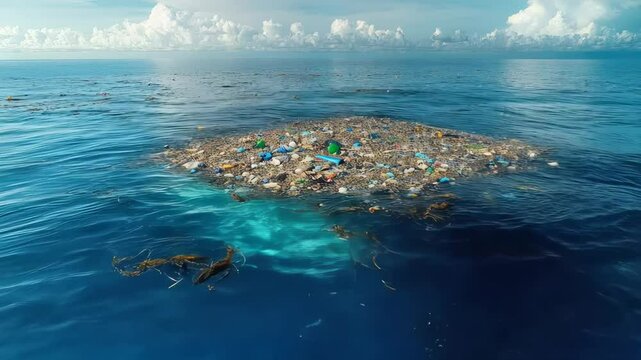 An aerial view of Plastic Island or Great Pacific Garbage Patch or Pacific Trash Vortex, showing plastic, light metal, and organic garbage in the ocean. Environmental disaster concept.