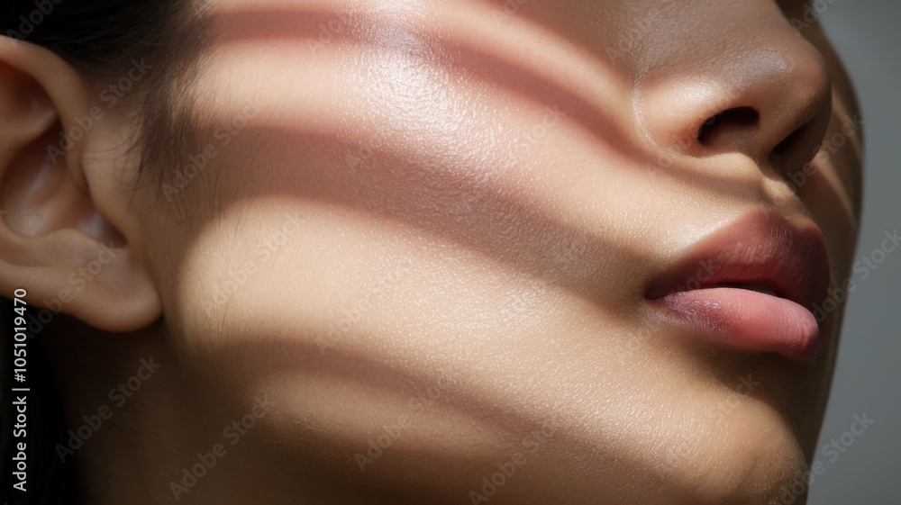 Poster close-up of a face with light and shadow effects creating a striking visual contrast.