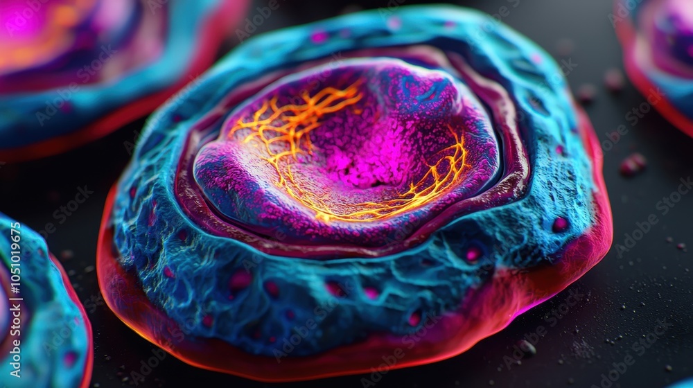 Poster a vibrant and detailed image of cellular structures showcasing vivid colors and intricate patterns i