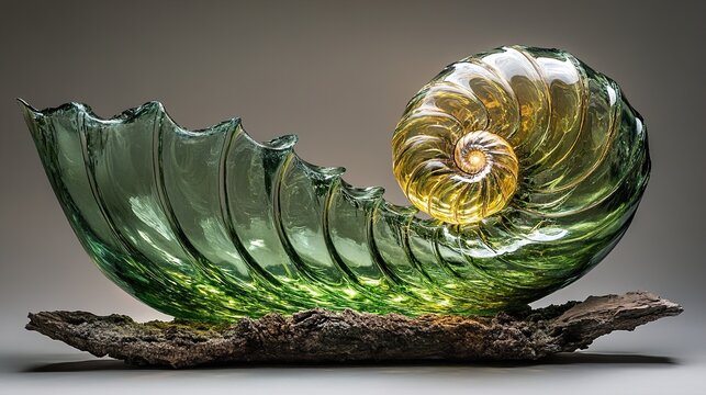 Green Glass Nautilus Sculpture: Ocean Inspired Art