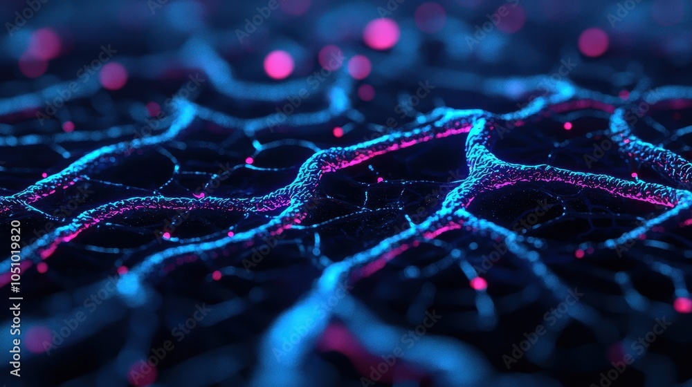 Poster a vibrant, abstract representation of a network of lines illuminated with blue and pink hues, creati