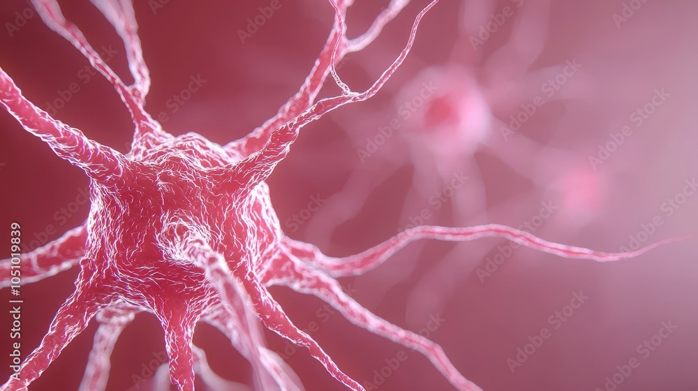 Poster a visually striking depiction of neurons, featuring intricate structures and connections in a soft, 