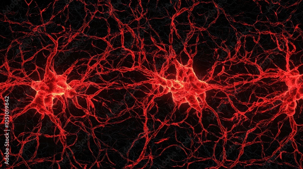Poster an intricate network of glowing red neurons against a dark backdrop, showcasing the complexity of ne
