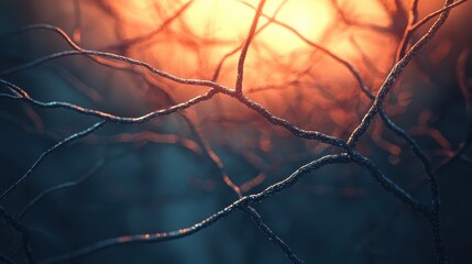 A close-up view of intricate, dark branches against a glowing, warm background, creating a moody and atmospheric scene.