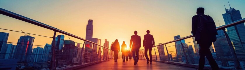 Fototapeta premium Silhouettes of people walking against a vibrant sunset in an urban setting, depicting the beauty of city life and companionship.