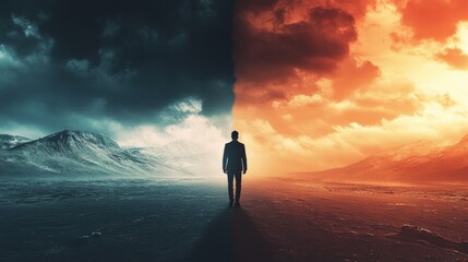 Obraz premium A businessman at a crossroads, choosing between a path of chaos and one of success. generative ai