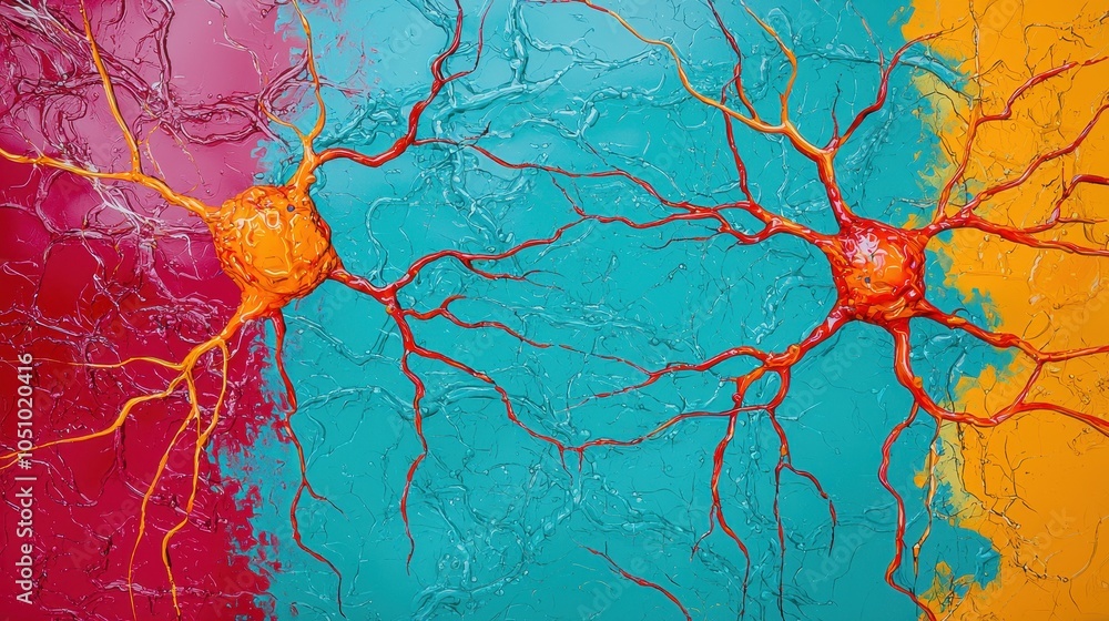 Poster A vibrant abstract painting featuring interconnected neural-like structures in bold colors of blue, orange, and pink, creating a dynamic visual representation.