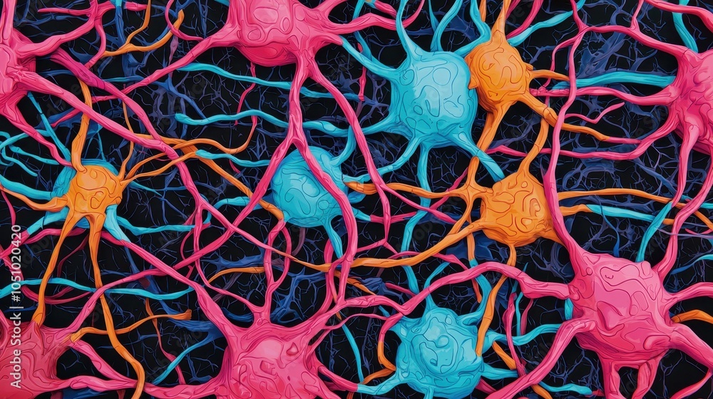 Poster a vibrant close-up of colorful neurons interconnected by fibers, showcasing the complexities of the 