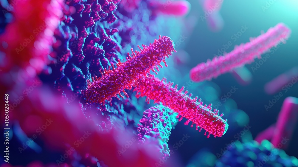 Poster a vibrant close-up of bacteria in a colorful environment, showcasing intricate structures and patter