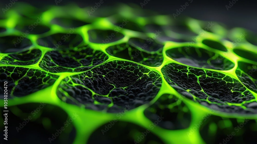 Poster a vibrant macro shot of green, cell-like structures, showcasing intricate patterns and textures agai