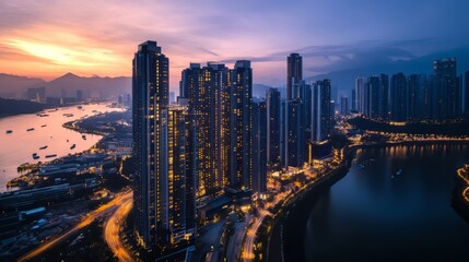 Obraz premium Drone photographing sleek skyscrapers at sunrise hypermaximalist advertising photography hyper realistic fine detail