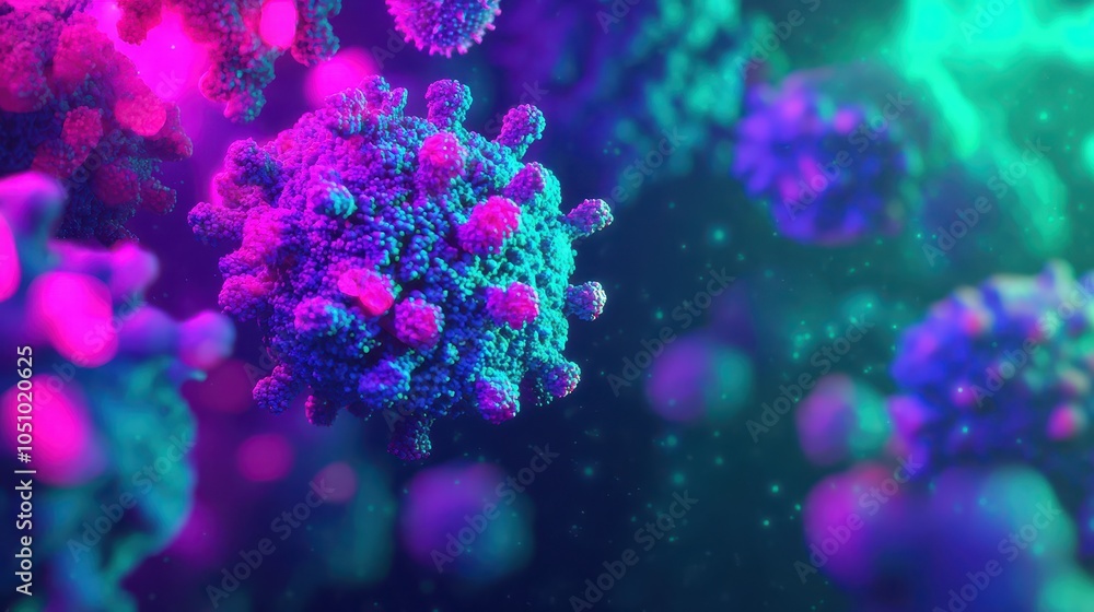 Poster a colorful microscopic view of viruses, showcasing detailed structures with vibrant hues, creating a