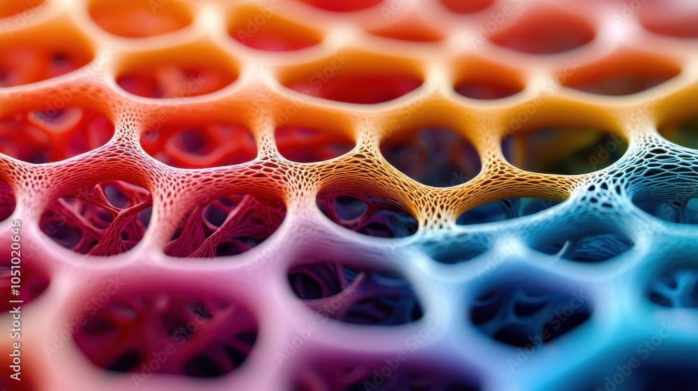 Poster a vibrant close-up of a colorful honeycomb structure, showcasing intricate patterns and textures aga