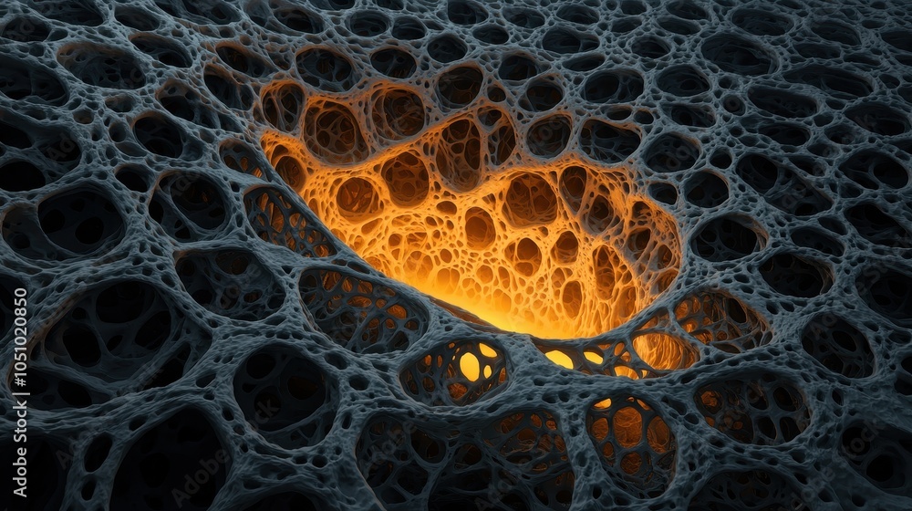 Poster a mesmerizing fractal image with intricate web-like structures and a glowing core, presenting a blen