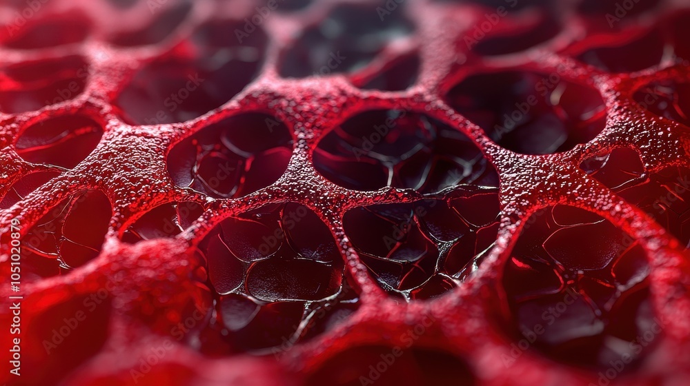 Poster a close-up view of a textured, honeycomb-like surface in vibrant red, showcasing intricate details a