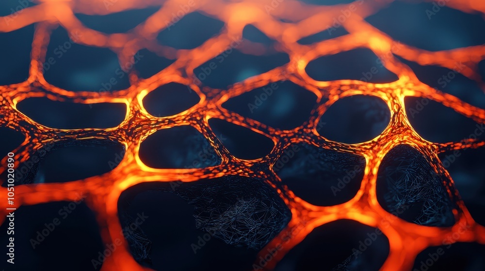 Poster a close-up view of vibrant, glowing lava texture featuring intricate patterns resembling a cellular 