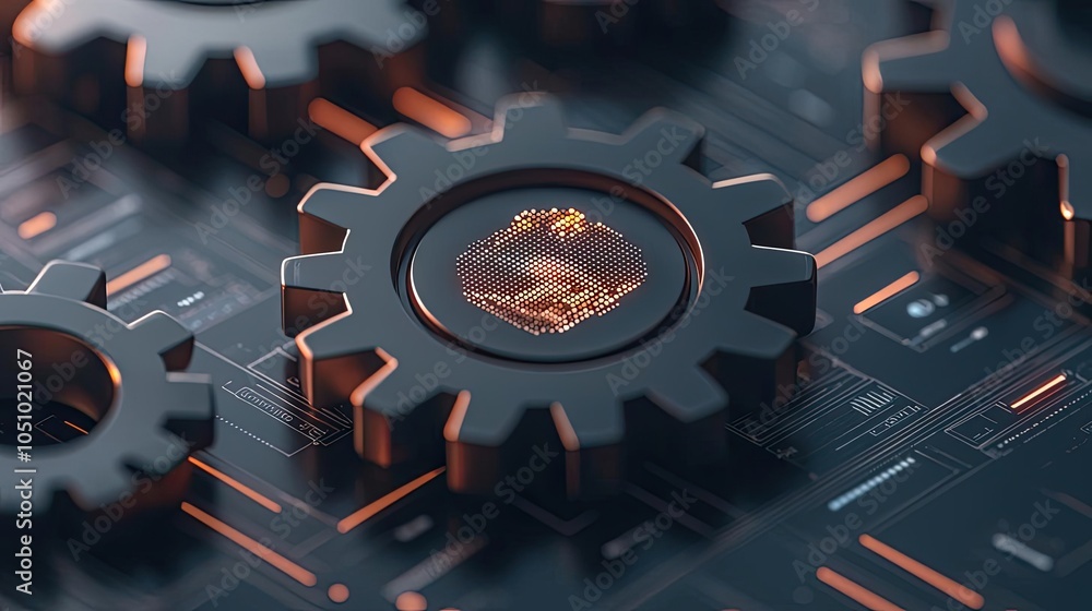 Poster close-up view of gears and circuit board with glowing elements.
