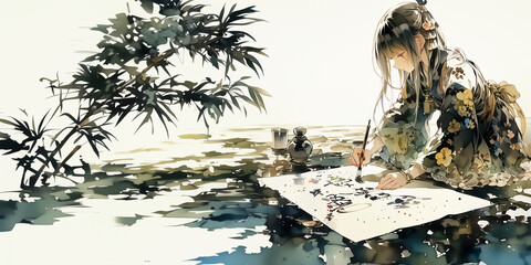 Fototapeta premium 書道を嗜む女の子