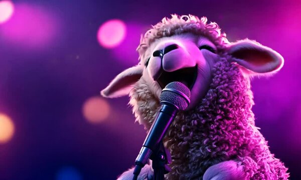 A cheerful animated sheep sings into a microphone on stage with colorful lights in the background.