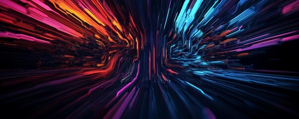 Abstract glitch distortion with vibrant colors, chaotic data stream effect, high-tech digital art