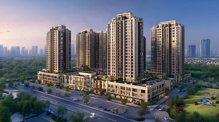 Obraz premium Luxury Apartment Complex with Retail Shops and Green Spaces