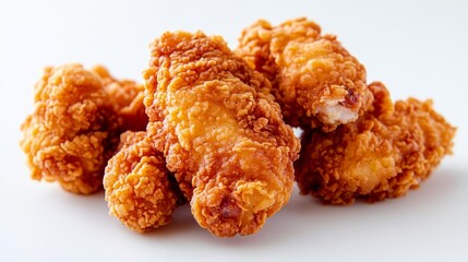 Crispy fried chicken tenders on a clean white background, golden brown texture, close-up shot, delicious fast food snack