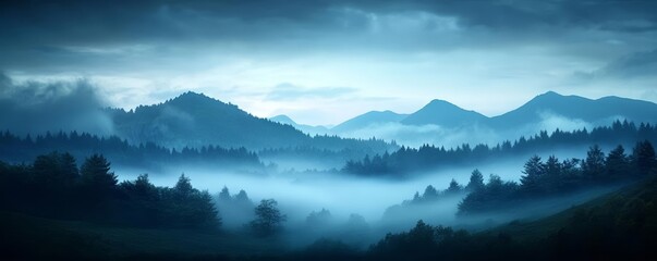 Fototapeta premium Dark moody outdoor landscape, illuminated by a soft blue light, with fog rolling in for a mysterious effect