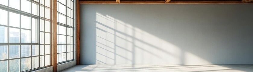Industrial interior with exposed beams, gray wall, and sunlight through large window