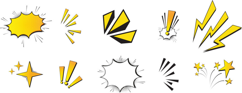Fototapeta Set of comic effect shape with pop art style. Comic speech bubbles halftone dot background. Comic surprise, attention and inspiration effect. Vector illustration isolated on white background