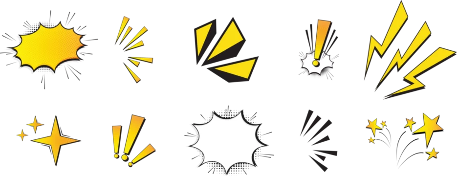 Set of comic effect shape with pop art style. Comic speech bubbles halftone dot background. Comic surprise, attention and inspiration effect. Vector illustration isolated on white background