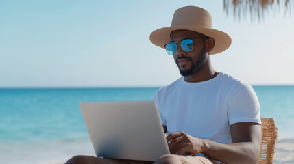 man wearing sunglasses and hat is working on laptop at beach, enjoying sunny weather and beautiful ocean view. This scene captures relaxed and productive atmosphere.