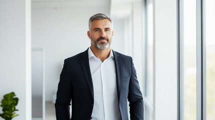 confident man in suit stands in modern office space, showcasing professionalism and style. bright environment enhances his poised demeanor.