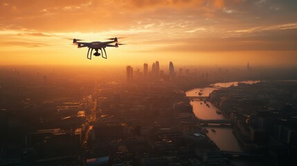 Naklejka premium Drone soaring over the skyline at golden hour hypermaximalist advertising photography hyper realistic fine detail
